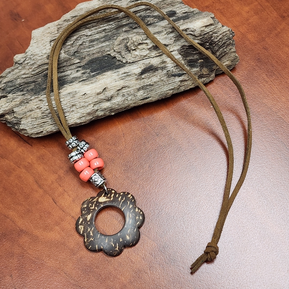 Vintage Coconut Shell Flower Pendant Necklace with Coral & Silver Colored Beads